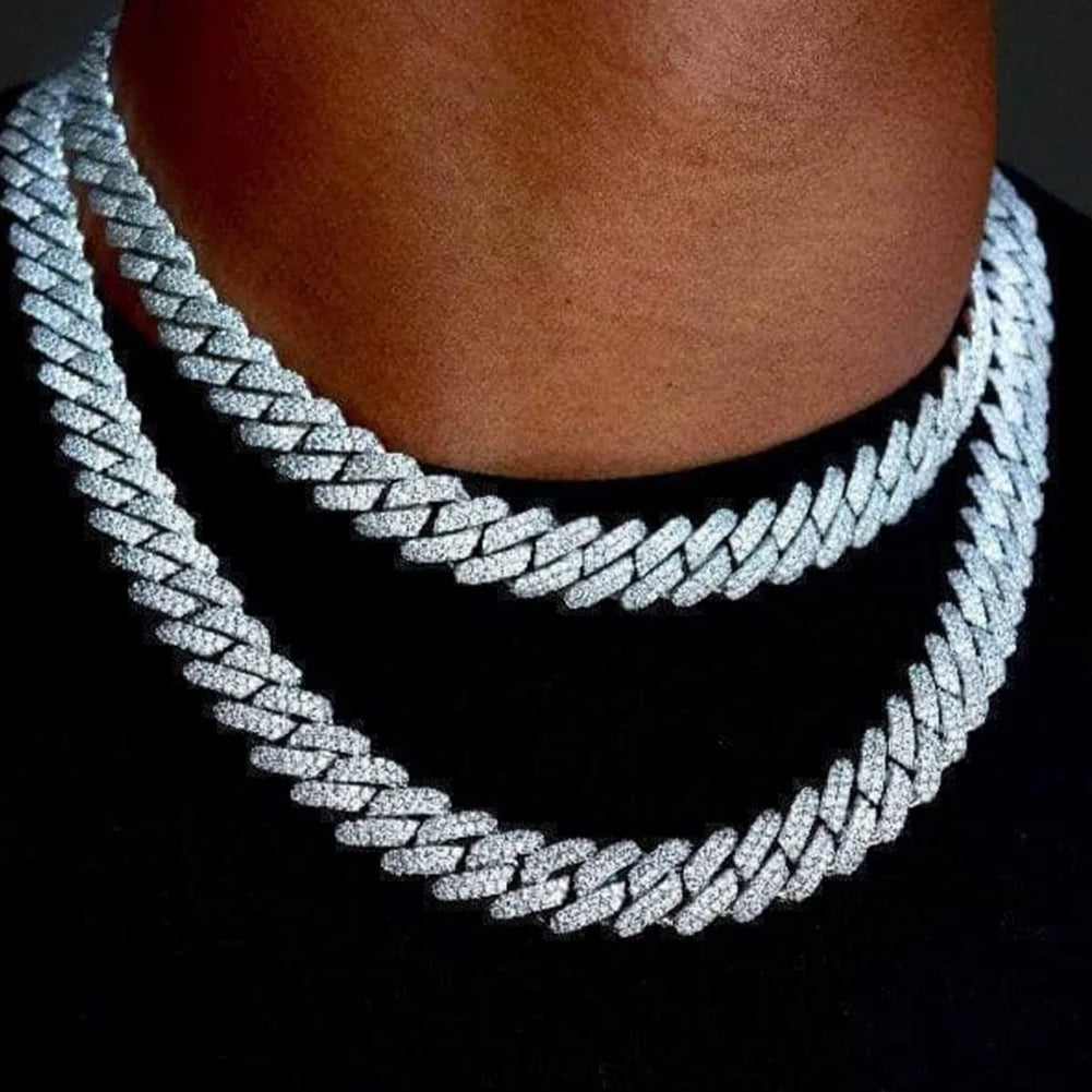 14mm Iced Out Prong Cuban Link Chain Necklace for 2 Row Rhinestone