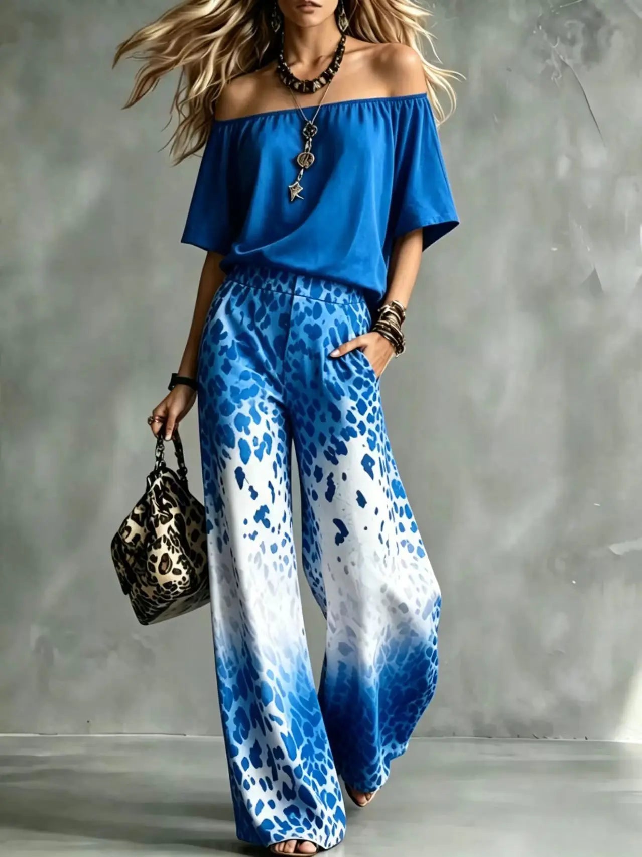 Summer Women Off Shoulder Short Sleeve Top Gradient Leopard Print Wide Leg Pants Two Piece Boho Casual Fashion Matching Suit New