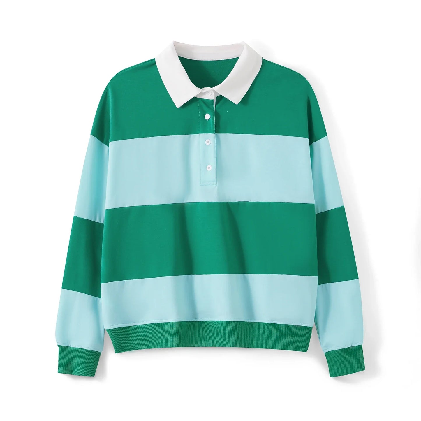 Women Long Sleeve Spring Fall Lapel Collar T-shirts Striped Contrast Color Loose Pullovers Streetwear Tops
