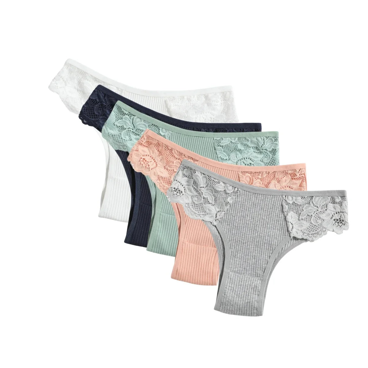 5Pcs/Set Women Cotton Panties Floral Lace Side Panel Low Rise Rib Briefs Low Cut Underwear Comfort Sexy Lingerie Daily Bikini