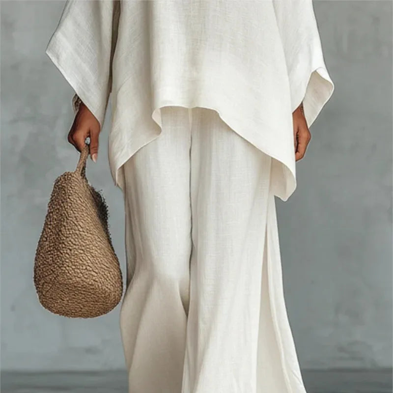 Women's Elegant Loose Round Neck Top Wide Leg Pants Set Casual Simple Long Sleeve Solid Color Two-Piece Set