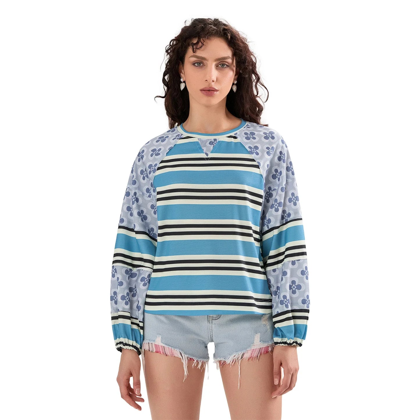 Loose Knitted Tops Women Contrast Color Stripe Floral Print Long Sleeve Pullovers Fall Winter Casual Jumpers