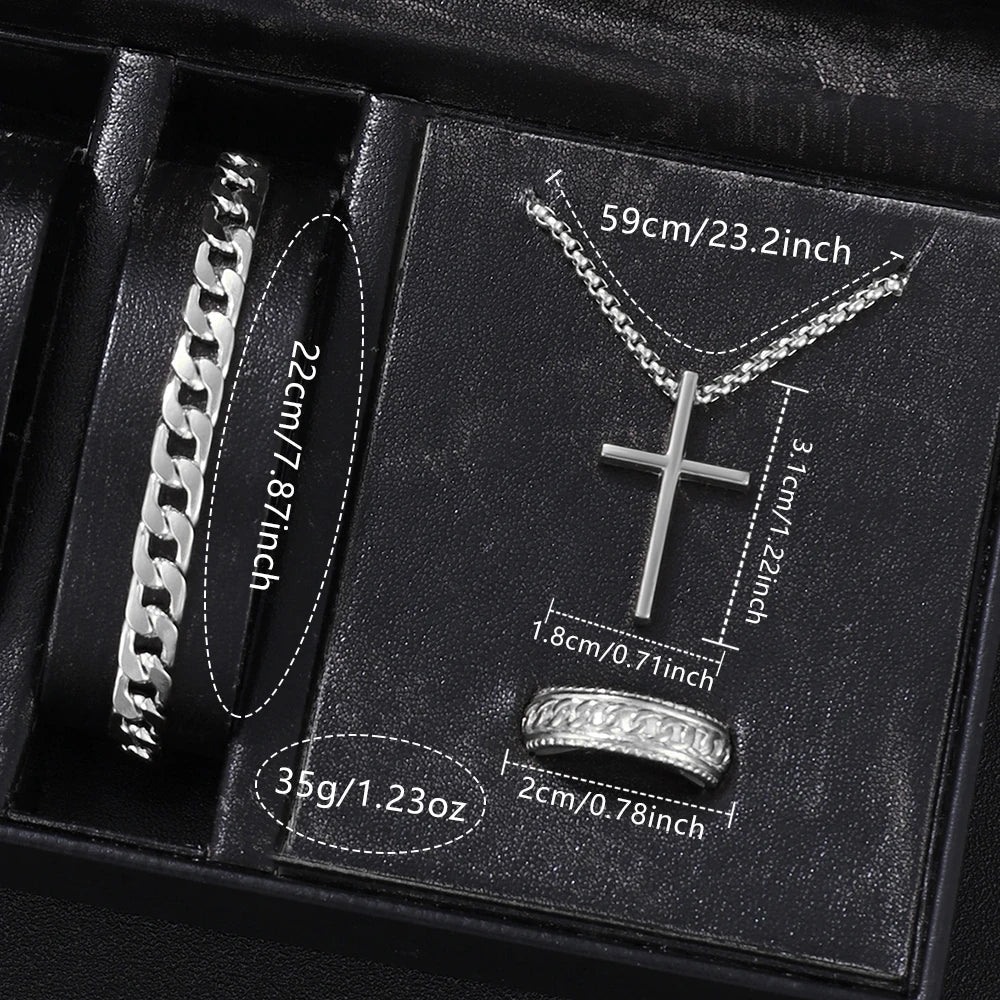 4PCS Men's Watch Set Fashion Trend Business Quartz Watch Cross Pendant Necklace Ring Bracelet Jewelry Set Perfect Gift for Him