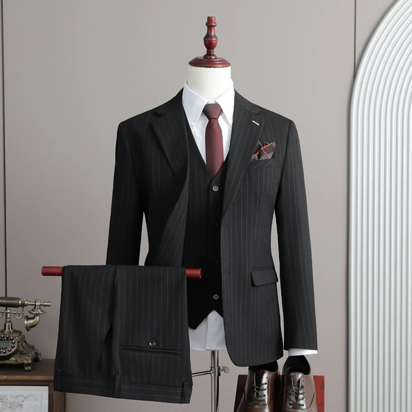A Stylish and Cool Striped Casual Business Three-Piece Suit Set for