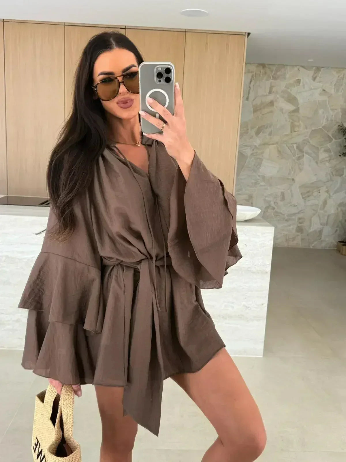Elegant Fold Dress Women Brown Deep V-neck Long Sleeve Mini Dresses Female 2025 Spring Summer Fashion Loose Lady Vestidos