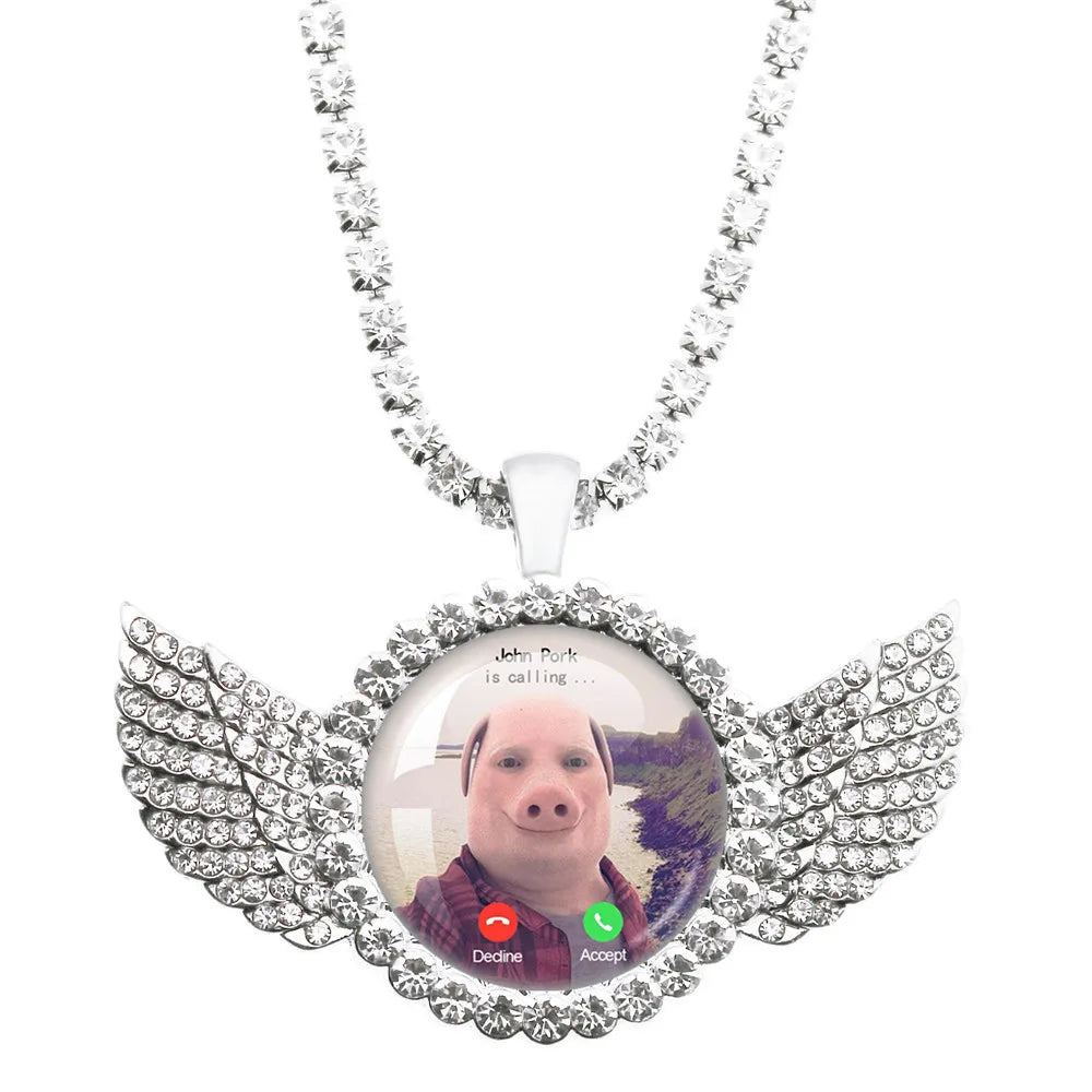 John Pork Is Calling Answer Call Phone Humor Funny Pig Lover Graphic The Moon Necklace Angel Wings Pendant Necklace Jewelry Gift