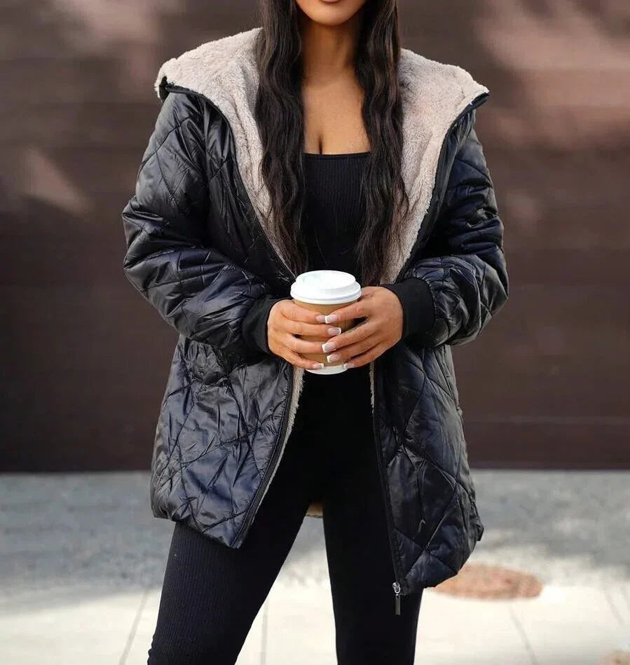 Women Fleece Lined Hooded Quilted Coat Diamond Grid Puffer Jacket Warm Sherpa Lining Zip Up Mid Length Winter Outerwear Parka