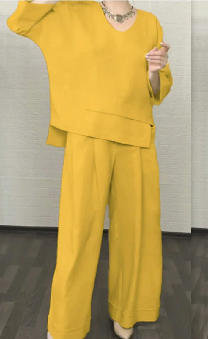 Casual Loose Irregular Cotton Linen Women's Top Set Spring Summer New Fashion Pocket Wide-leg Pants For Women Office 2-piece Set