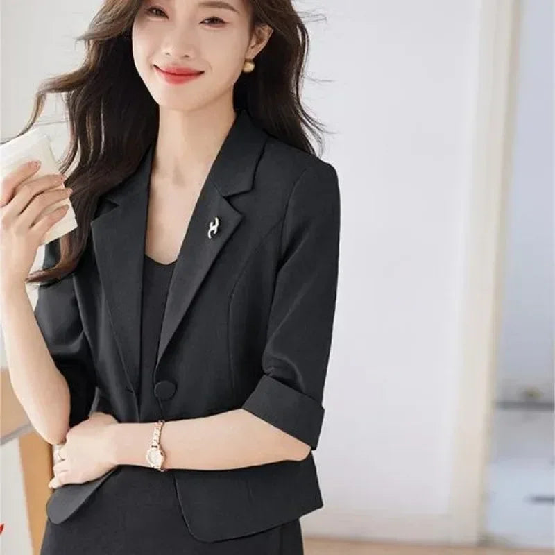 Blazer Negro para Mujer Blazer Ajustado Traje de Trabajo de Oficina para Dama Chaqueta Recortada Primavera Verano Diseño de Top Corto Abrigos Casuales Mujer Un Botón
