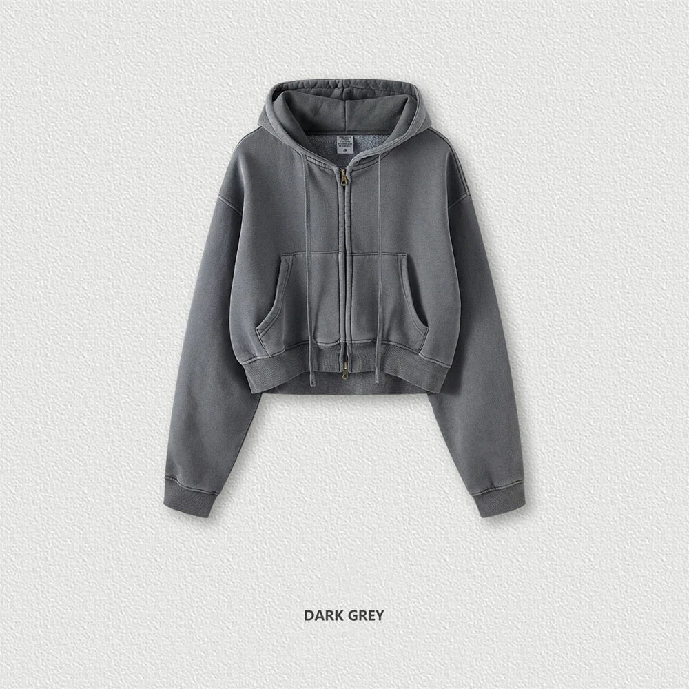 ZODF Retro 2025 Winter Women Short Zipper Hoodies Female Girls Loose 355gsm Thick Fleece Hooded Zip-up Coat Streetwears HY0448