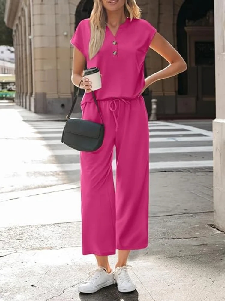 Women 2 Piece Outfit Set V Neck Button Short Sleeve T Shirt Drawstring Wide Leg Capri Pants Casual Loose Tracksuit Loungewear Va