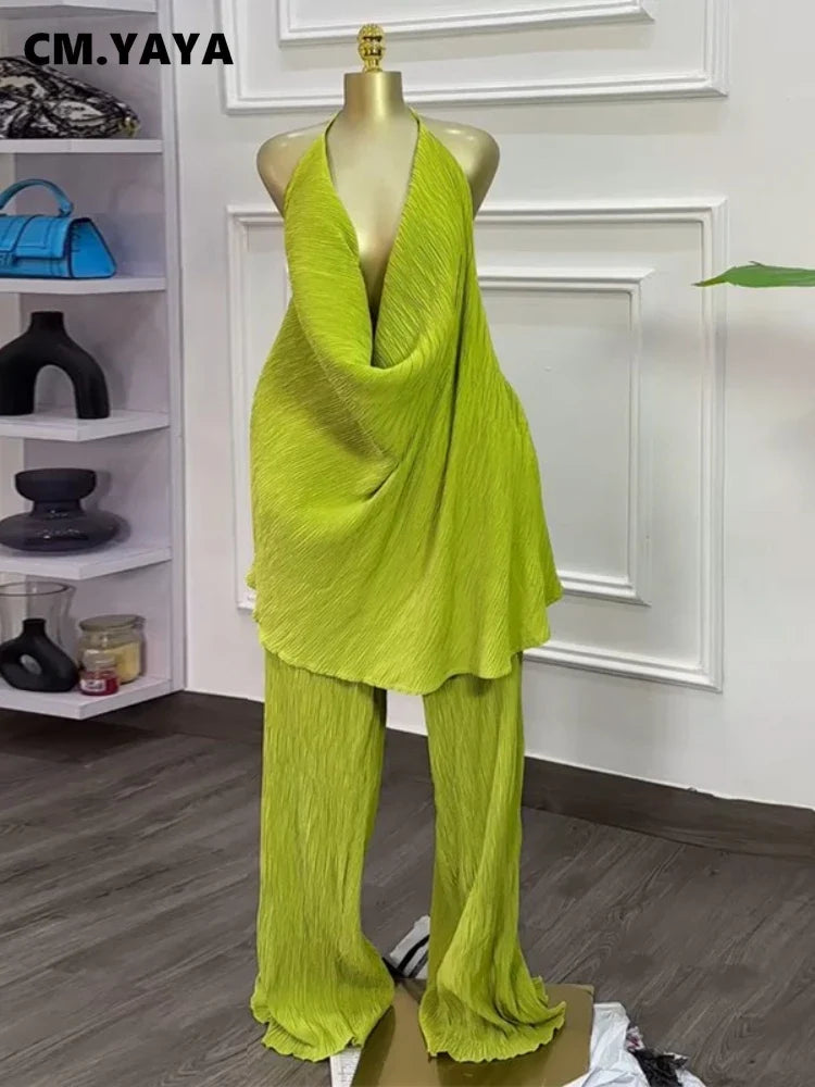CM.YAYA Fashion Women's Set Deep V-neck Halter Top and Wide Leg Pants Suits 2025 Street Party Two 2 Piece Sets Outfits Tracksuit