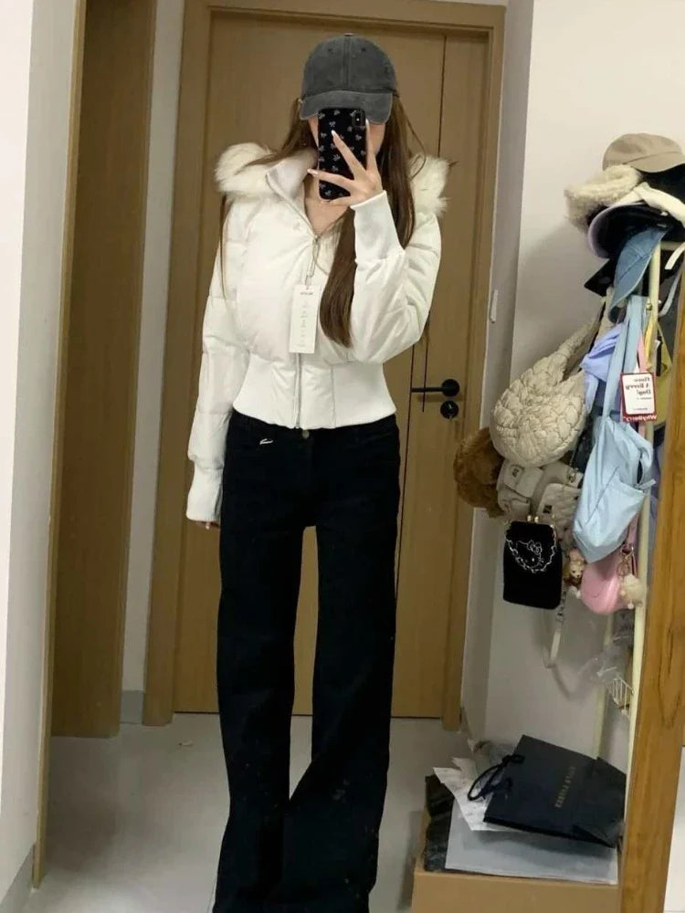 Autumn Winter Fur Collar Hooded Cropped Puffer Jacket Women's Warm Cotton Padded Jacket Short Top Windproof Coat Y2K High Waist