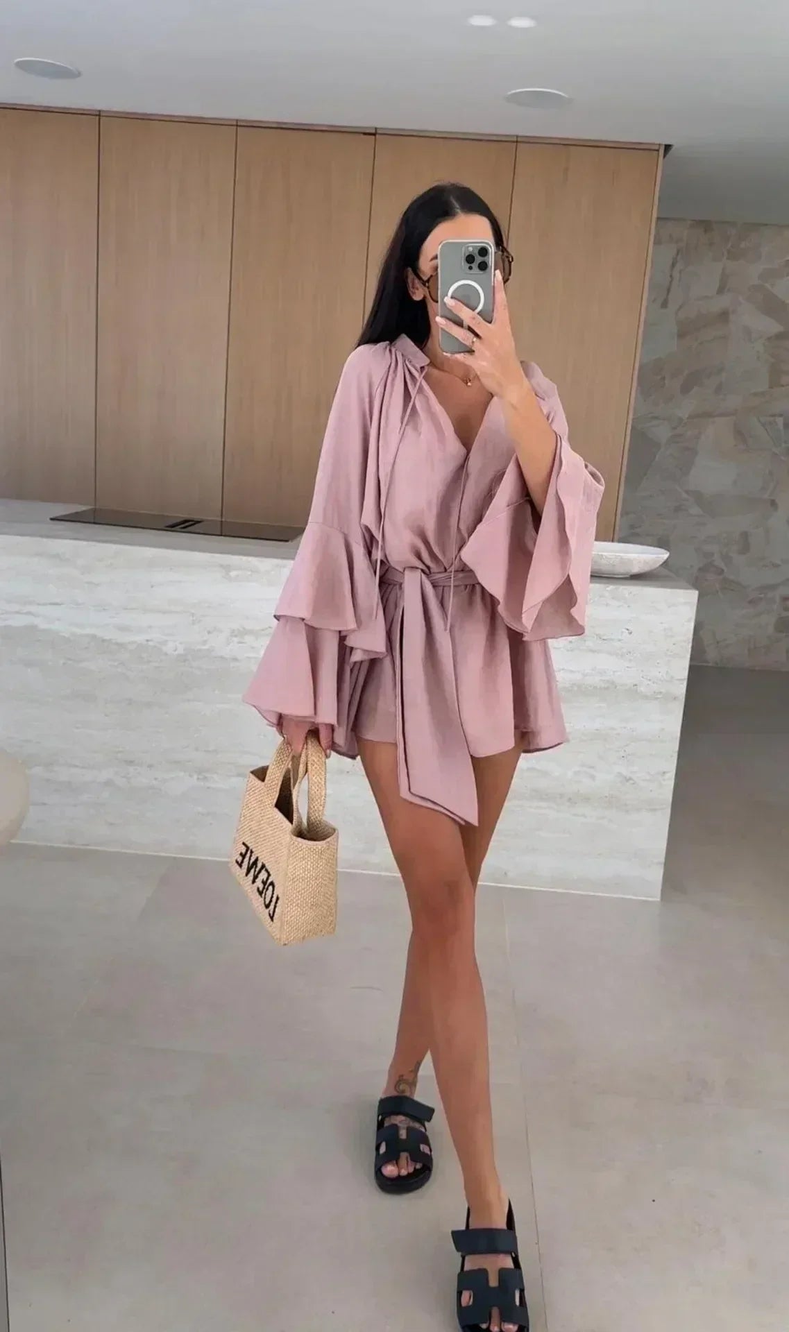 Elegant Fold Dress Women Brown Deep V-neck Long Sleeve Mini Dresses Female 2025 Spring Summer Fashion Loose Lady Vestidos