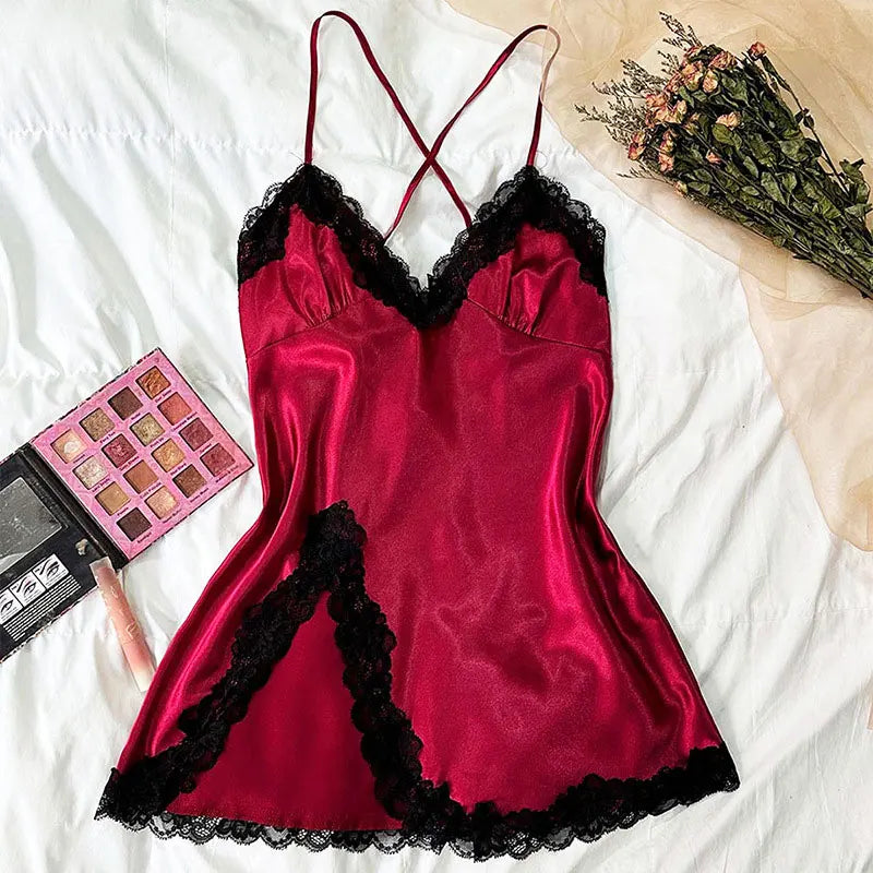 Women's Sleepdress Contrast Lace Satin Nightdress Deep V Backless Lace Up Split Slip Sleep Casual Dress Summer Nightwear Female