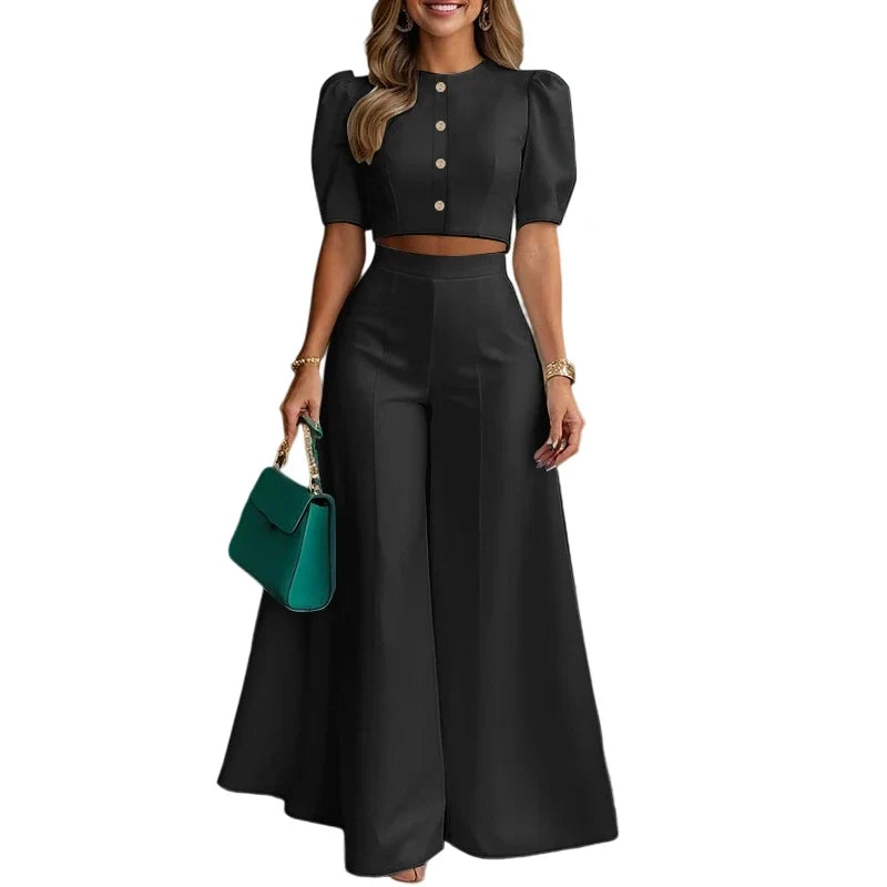 ZANZEA Plus Size 5XL Women 2-Piece Pant Sets Puff Sleeve Crop Top & Wide Leg Pant Matching Sets Elegant Chic Streetwear Co-ords