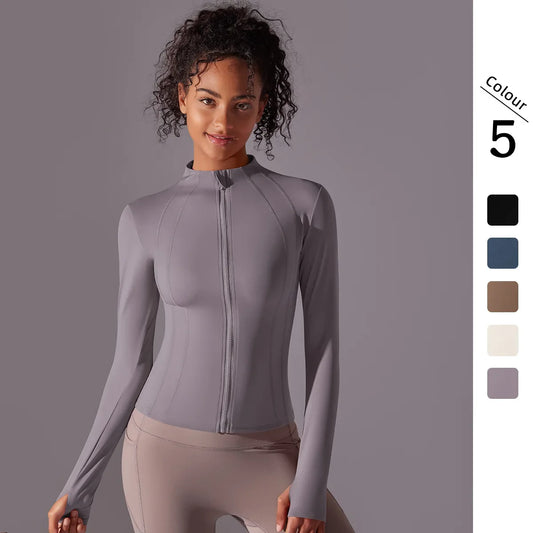 Top de yoga de mujer con cremallera completa y orificios para los pulgares