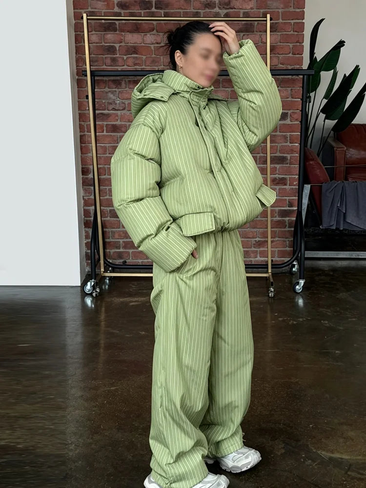 Women Striped Hooded Puffer Two Piece Outfit Oversized Cropped Jacket Baggy Pants Set Daily Outdoor Fashion Matching Outfit