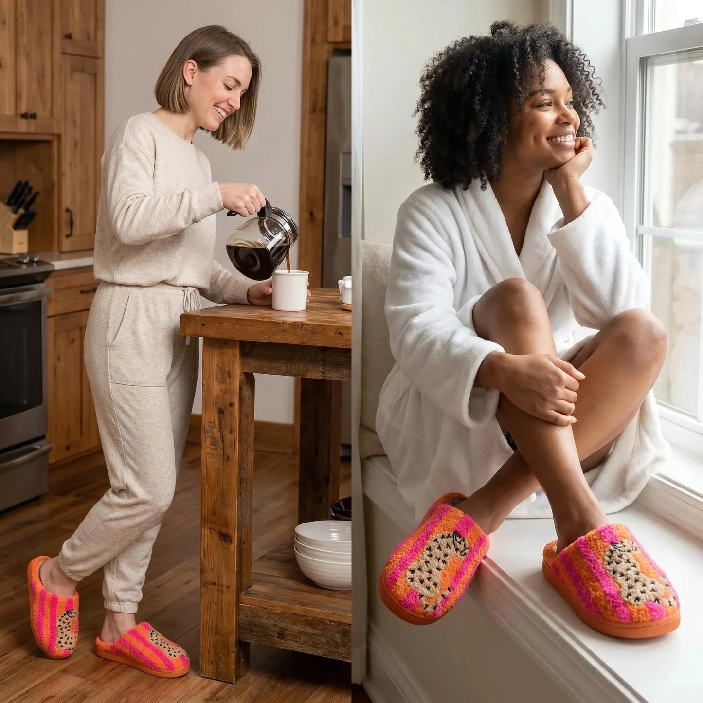 Ins-Style Cute Color-Block Embroidered Winter New Striped Leopard Print Plush Slippers for Women, Indoor Non-Slip Warm Plush Shoes, a Top Choice for Holiday Gifts