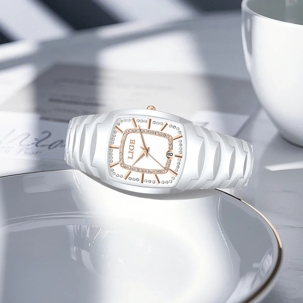Women's White Ceramic Crystal Bracelet Watch Quartz Gift