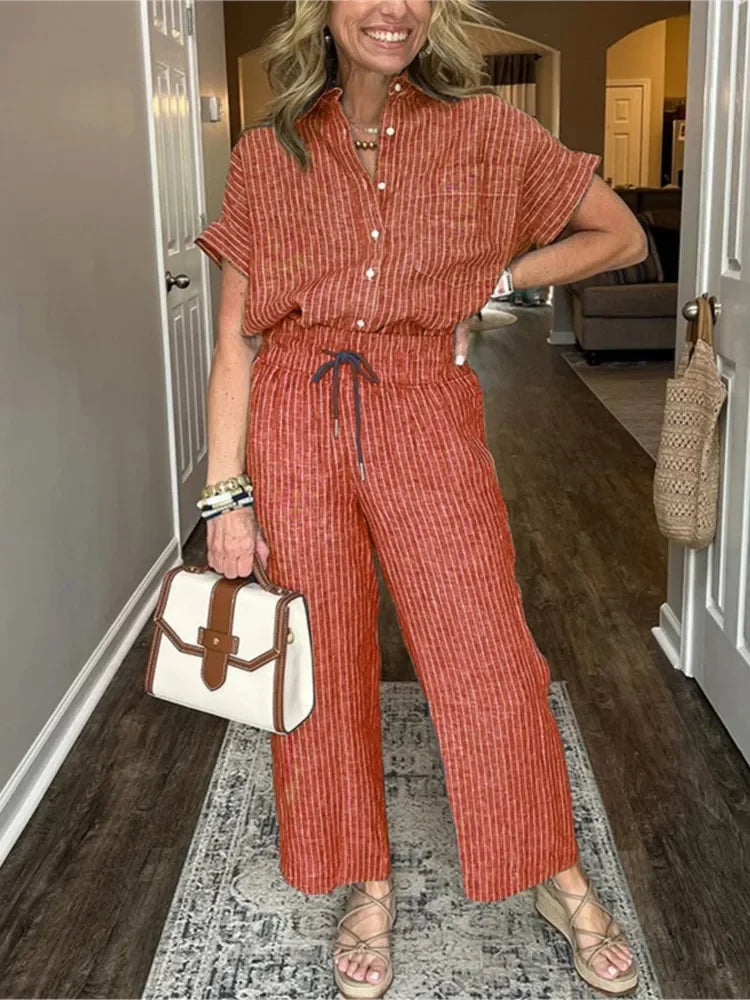 Classic Spring Autumn Cotton Linen Striped Printed Short Sleeve Shirt 2 Piece Set Retro Casual Loose Waist Trousers Women's Suit