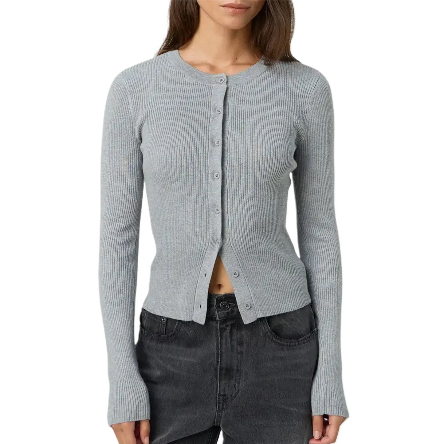 Autumn Winter Sweater Cardigan Women Solid Color Long Sleeve Round Neck Button Up Ribbed Knitwear Slim Coat
