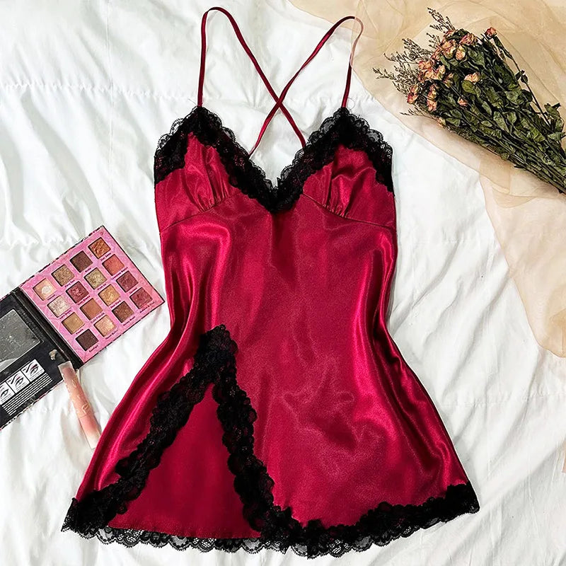 Women's Sleepdress Contrast Lace Satin Nightdress Deep V Backless Lace Up Split Slip Sleep Casual Dress Summer Nightwear Female