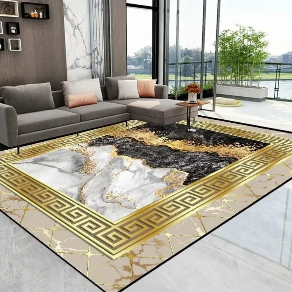 Luxury Golden Black Area Rug Modern Minimalist Home Decor Non Slip Mat for Living Room Bedroom Elegant Classic Design Perfect