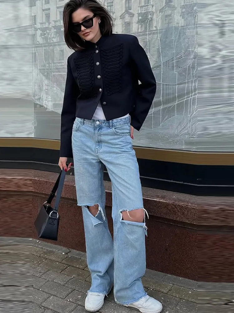 Chic Women's Cropped Jacket Stand Collar Single Breasted Long Sleeve Female Coat 2026 Spring Slim Fashion Solid Lady Outwear