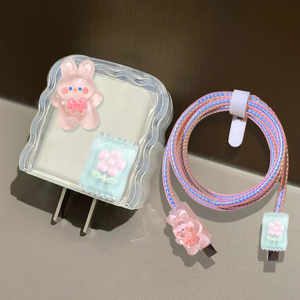 For iPhone Cute Charger Cable Protector Cover For iPhone 16 15 14 13 Pro Max 18W 20W Charger Head Case Cable Cord Winder Protect