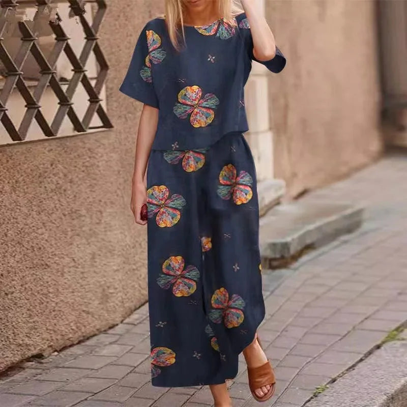 Autumn New Women's Fashion Printed Cotton Linen Plant Flower Three Sleeve Short Sleeved Casual Nine Piece Pants Two-piece Set