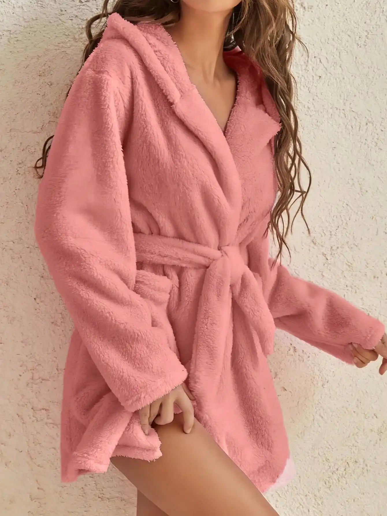 Women's Hooded Fleece Robe With Belt For Cozy Winter Home
