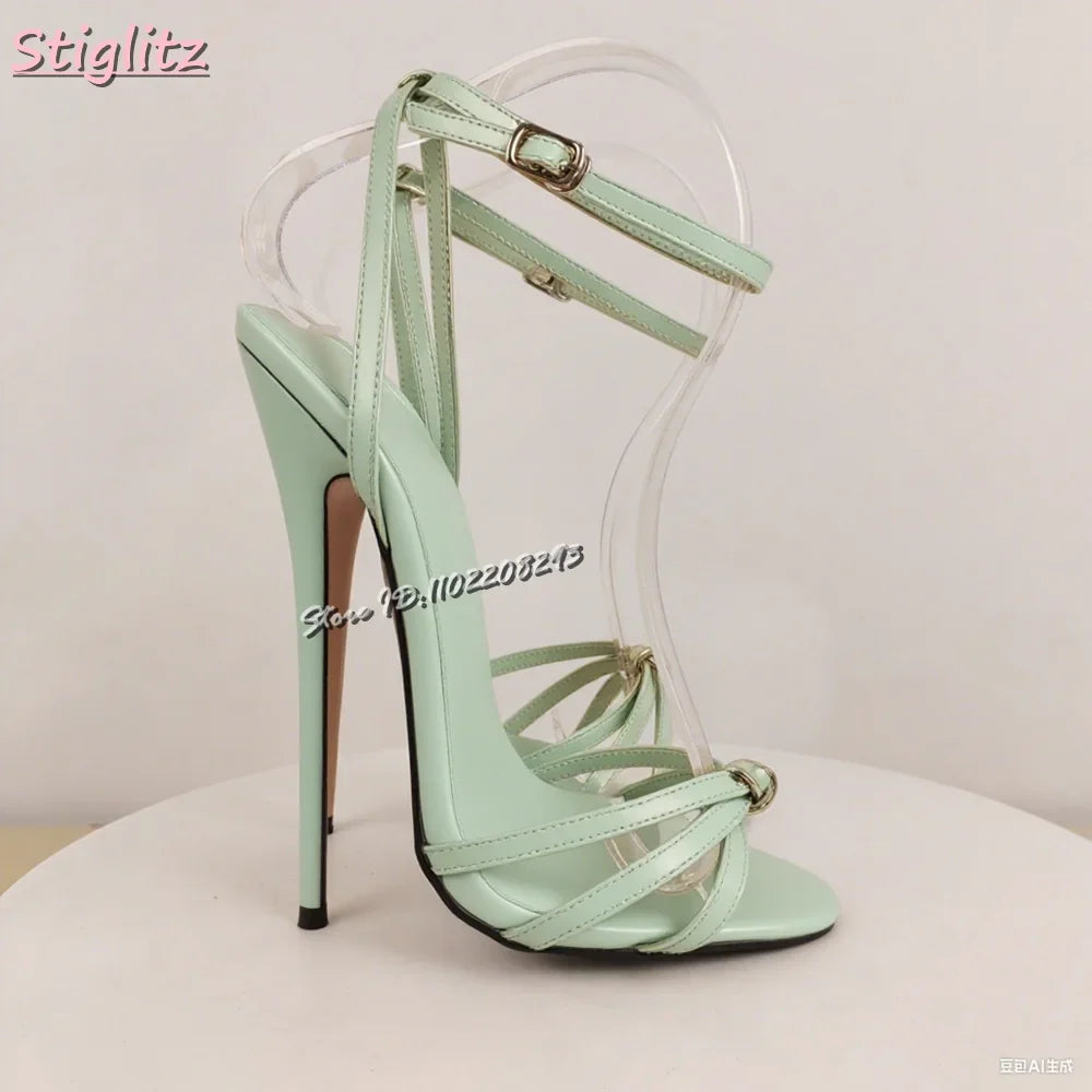 Sexy Gold Cross-tied Sandals Open Toe Shallow Super High Heels Fashion Buckle Straps Stiletto Catwalk Women Shoes Summer 2025