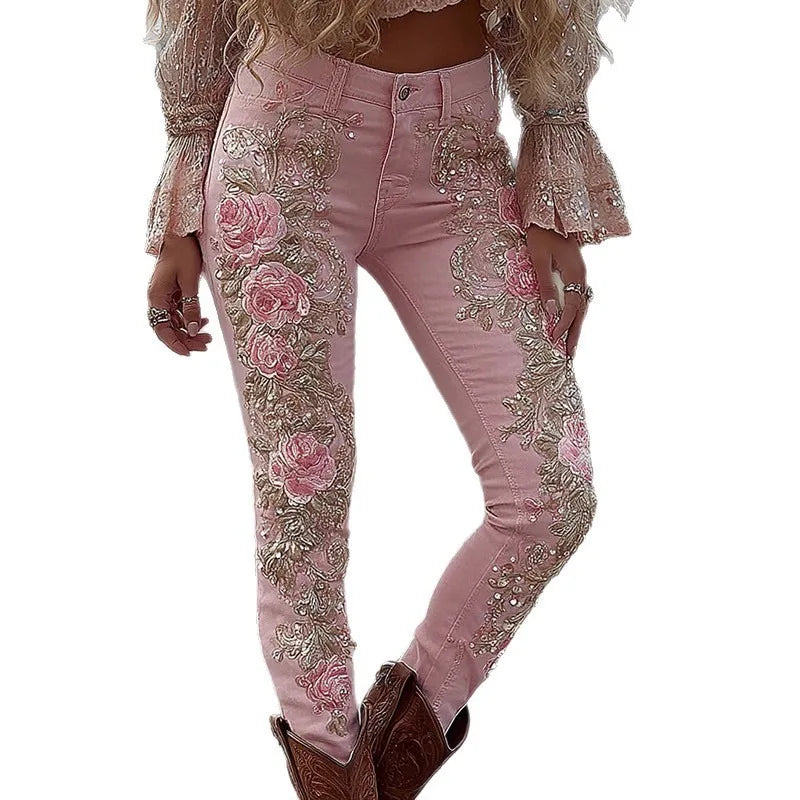 Women's Fashion Floral Jeans Straight Leg Denim Pants European American Style