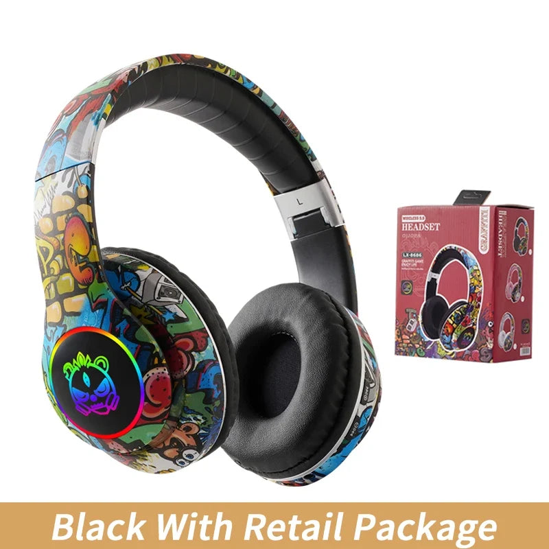 Graffiti Bluetooth Headphones LED Light Game Doodle Wireless Headsets Earphones With Mic For Kids Boy Girl Gift Support TF Card