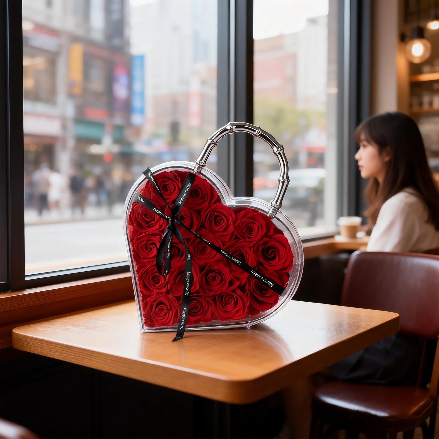 18 Preserved Roses in Heart Acrylic Display Case with Handle, Home