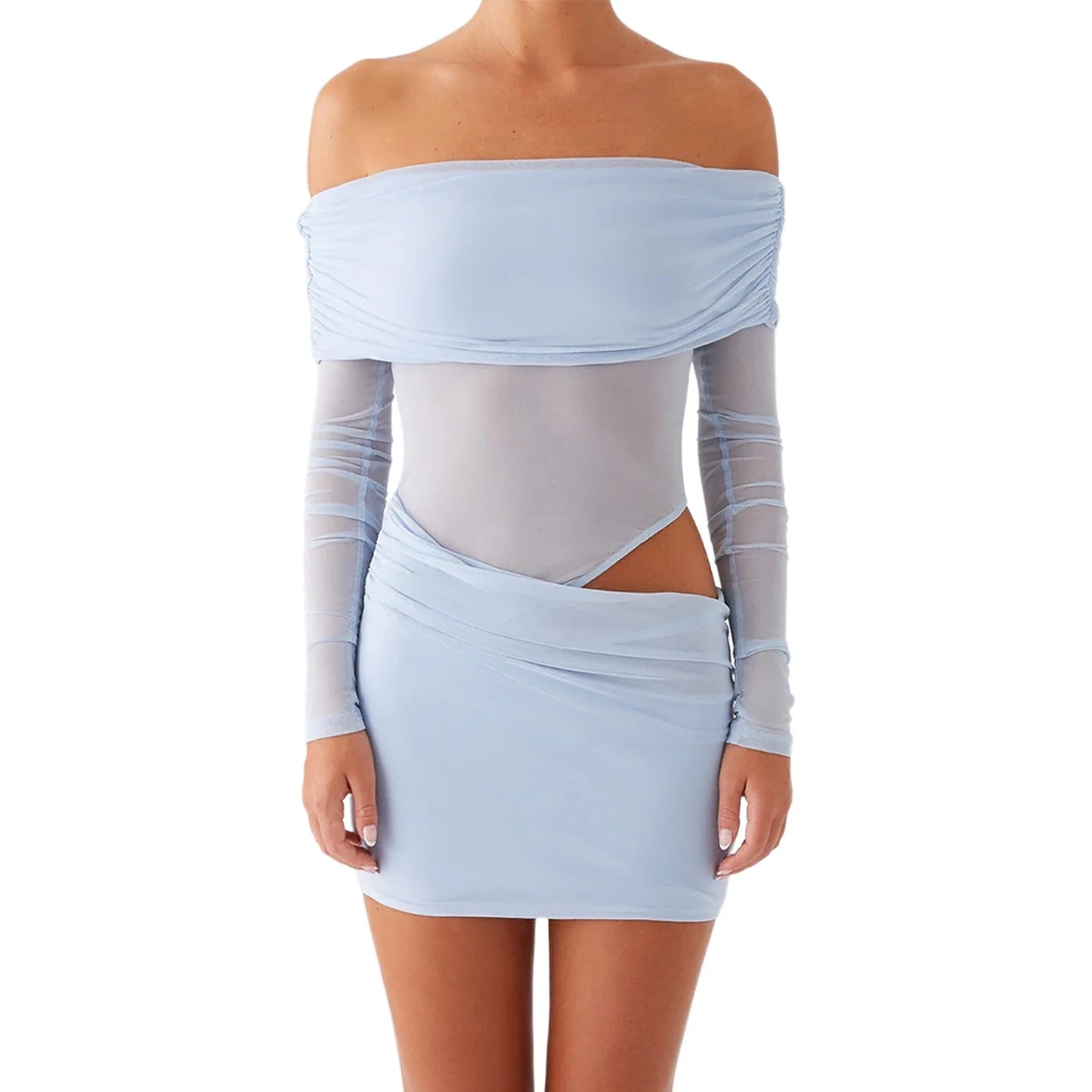 Women Mini Off Shoulder Slim Ruched Solid Color Party Club Dresses Cut Out Long Sleeve Backless Short Mesh Bodycon Dress