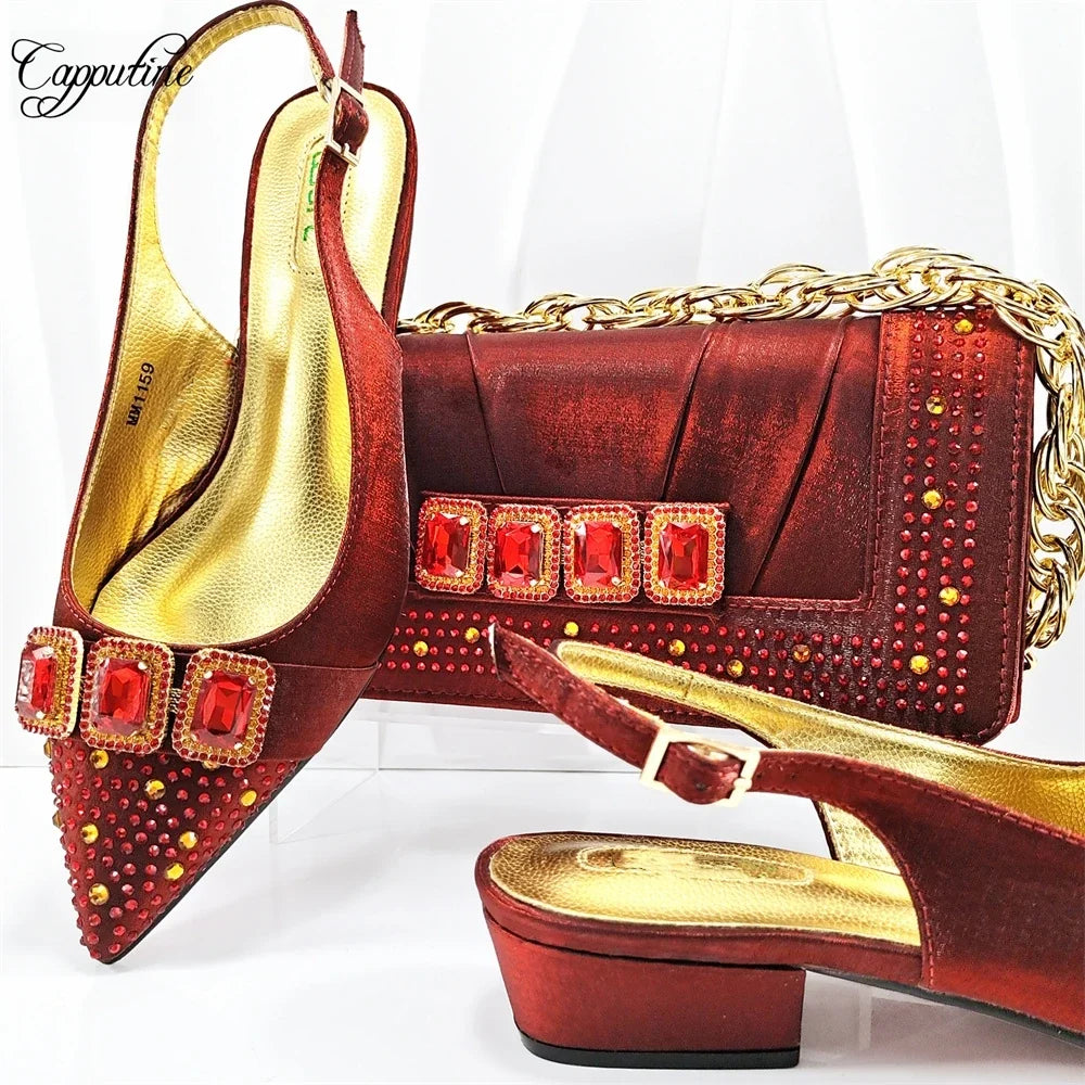 Peach Women Shoes And Bag Set Luxury  Ladies Sandals Match With Handbag Clutch Medium Heels Pumps Sandales Femmes MM1159