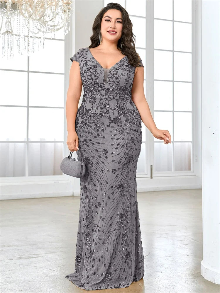 BLUEPLUM Tallas Grandes Elegante Vestido de Noche Azul Para Mujer 2024 Lujoso Sirena Largo Formal Lentejuelas Escote en V Fiesta de Graduación Boda