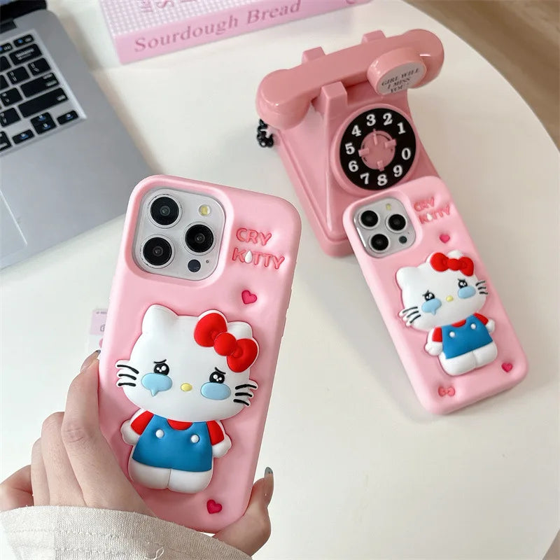 Funda de teléfono de silicona suave con soporte telescópico de dibujos animados 3D de Kawaii Cry Hello Kitty para iPhone