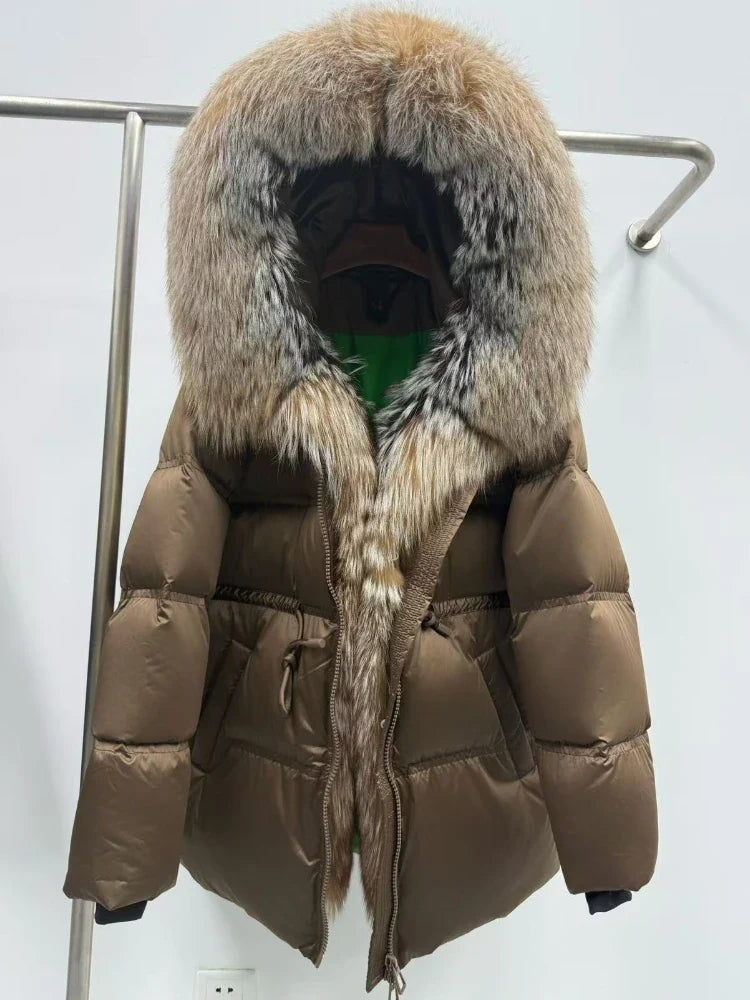 Fox Fur Jacket Women Loose Hooded White Goose Down Coat Female New Autumn Winter Thick Warm Natural Real Fur Puffer Jacket Lady