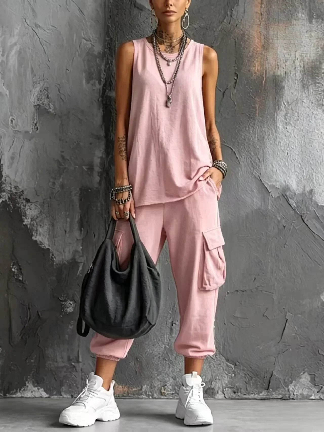 Boho Vacation Summer Sport Outfits Woman O Neck Sleeveless Top Big Pocket Capri Pants Sets Spring Casual Loose Suit Harajuku