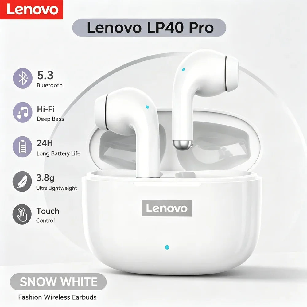 Lenovo LP40 Pro TWS Bluetooth 5.4 Wireless Headphones HiFi Stereo Earphones Gaming Sports Touch Control HD Call With Mic Earbuds