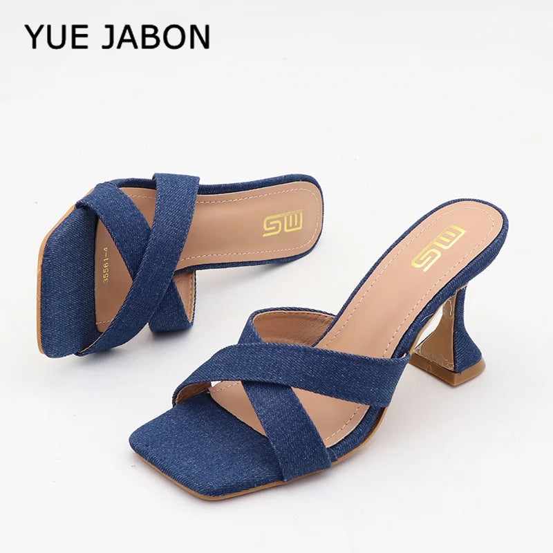 Blue Women's Shoes 2026 Fashion Summer Women's Slippers Square Toe Solid Color Denim Slip On Chunky Heels Casual Shoes Women