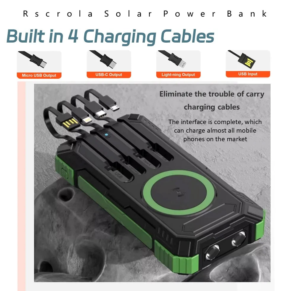 Solar Power Bank 38000mAh, Portable Solar External Battery Pack Built-in 4 Cable, 22.5W Portable Charger for Camping and Outdoor