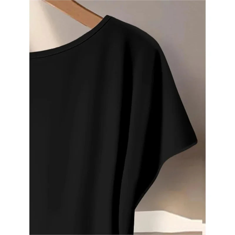 Women's Black Side-Twist T-Shirt And Black White Leaf Print Wide-Leg Pants Two-Piece Set Casual Lazy Style Outfit