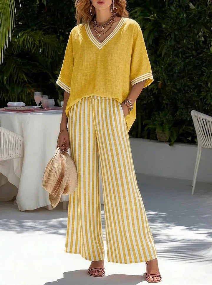 V-neck Short-sleeved Tops Striped Wide-leg Pants Two-piece Set 2026 Spring Summer New Women's Fashion Casual Loose Two-piece Set