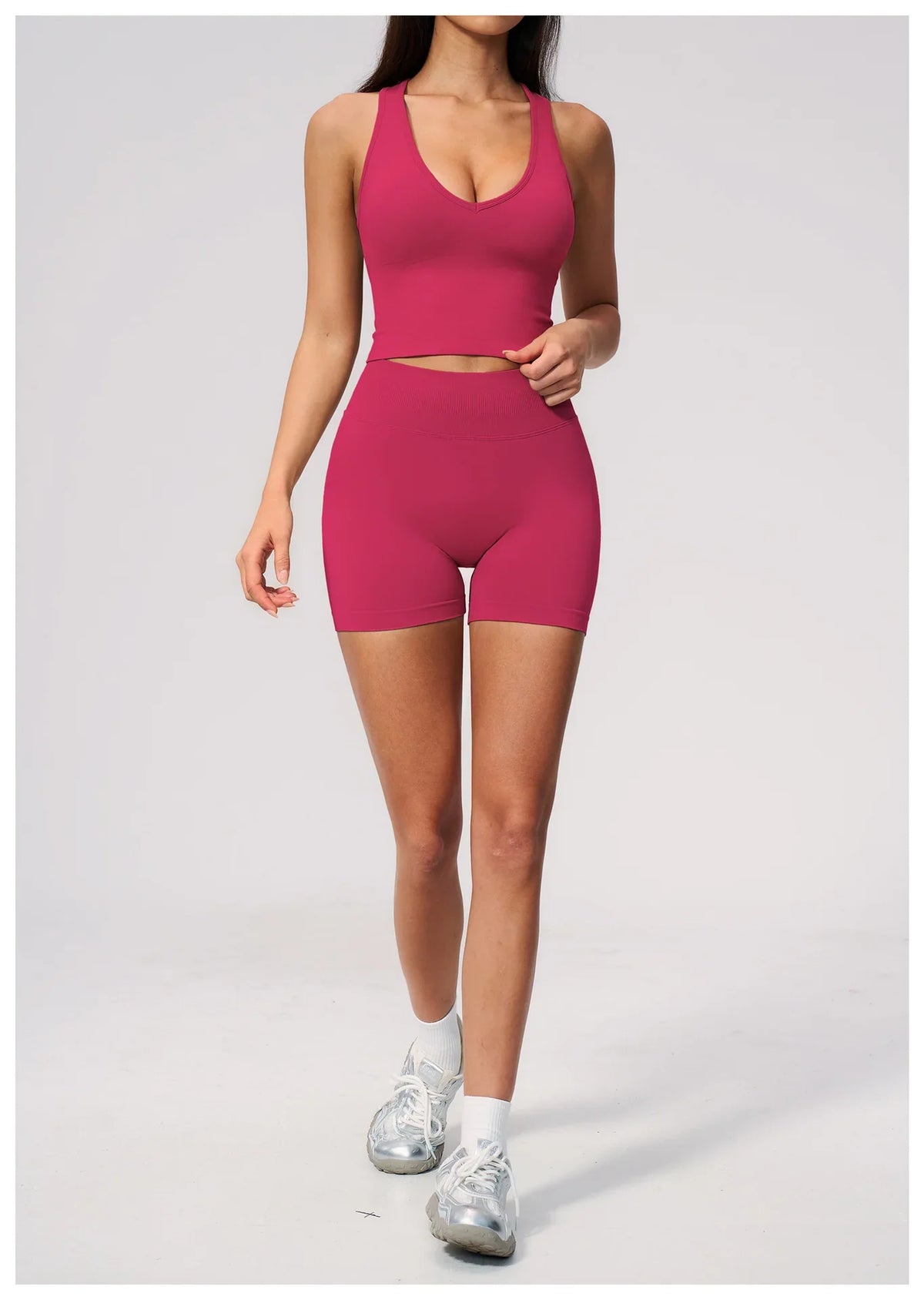 Seamless Yoga Sets Women Breathable V Neck Shockproof Sports Vest Fitness Suit Outwear High Waist Shorts Training Fitness Suit