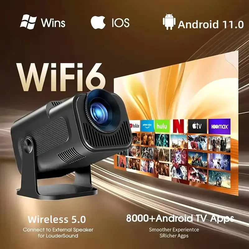 Smart Portable Projector Featuring Native 720P Resolution, Android 11 OS, Wi-Fi 6 And Bluetooth 5.4 Support, 180° Rotation, And Built-in Netflix And YouTube Apps.