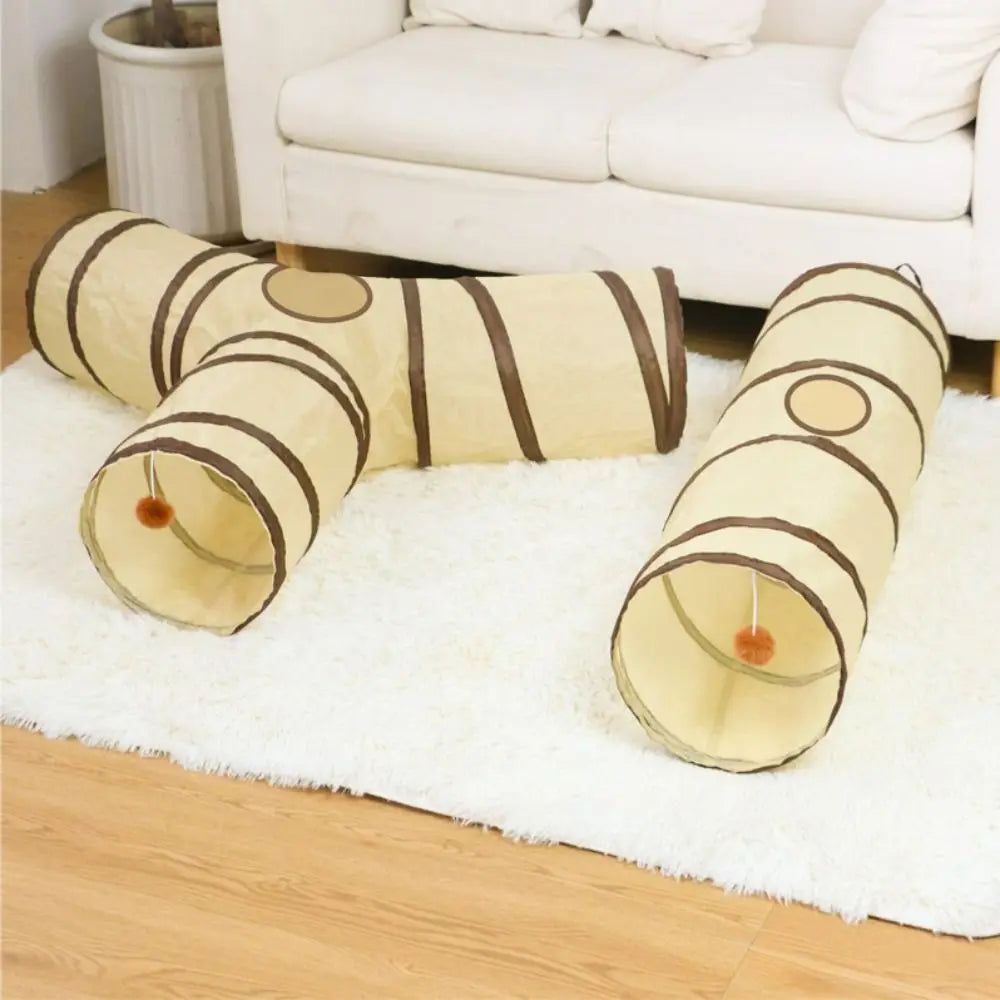 Fun Polyester+Steel Wire Cat Tunnel Tube Breathable Foldable Cat Nest Training Interactive Beige+Coffee Pet Fun Play Toy Cat